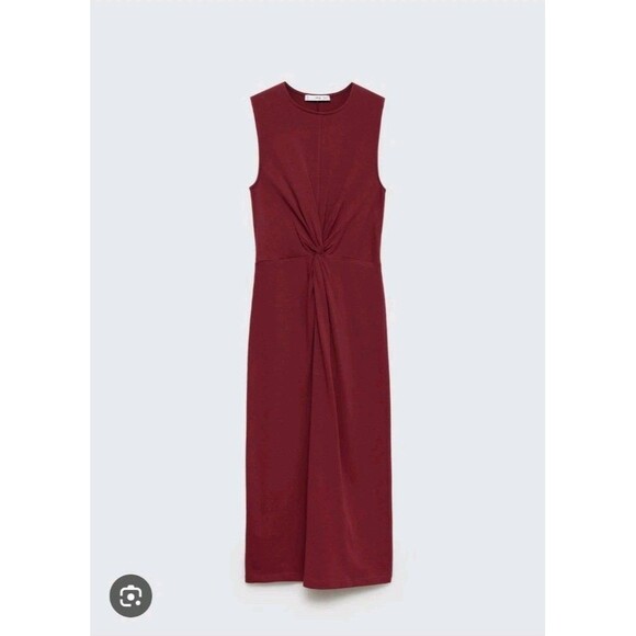 MNG Size 8 Maroon Center Drape Twist Front 100% Cotton Midi Dress - Picture 2 of 11